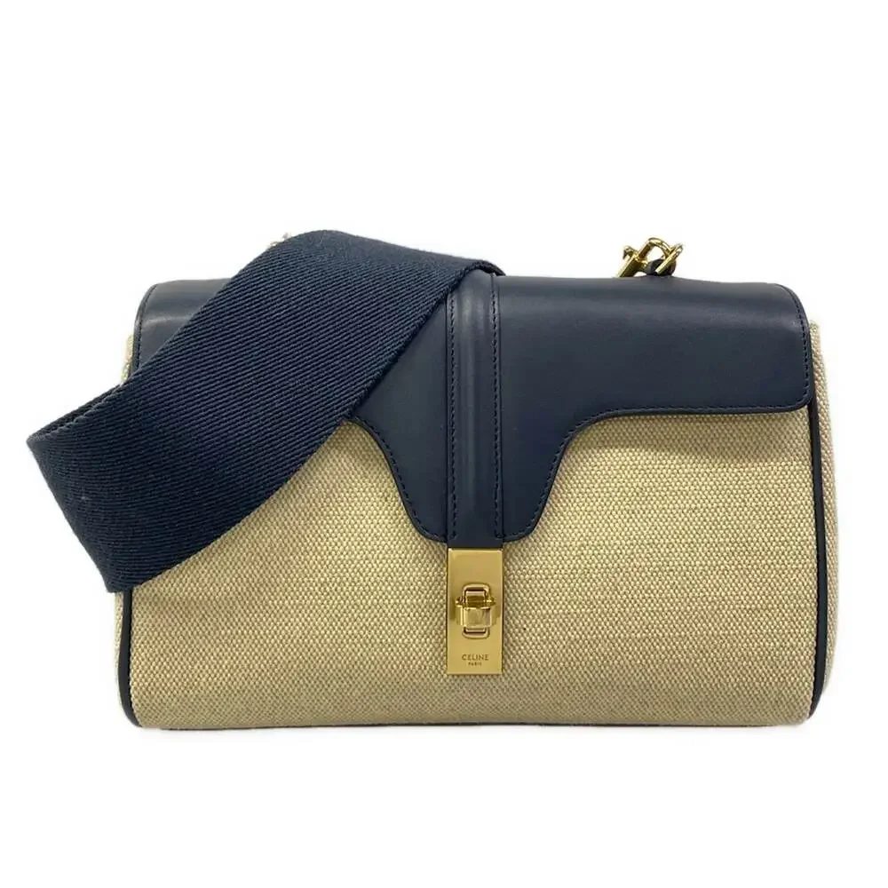 Celine Teen Soft 16 (Seau) Shoulder Bag 196852DJ9.01NA Beige Navy Fabric Leather